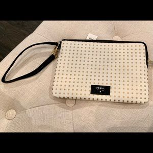 NWT Fossil Wristlet Wallet, White w/ Gold Polka Dots, Black Trim, Gold Hardware.